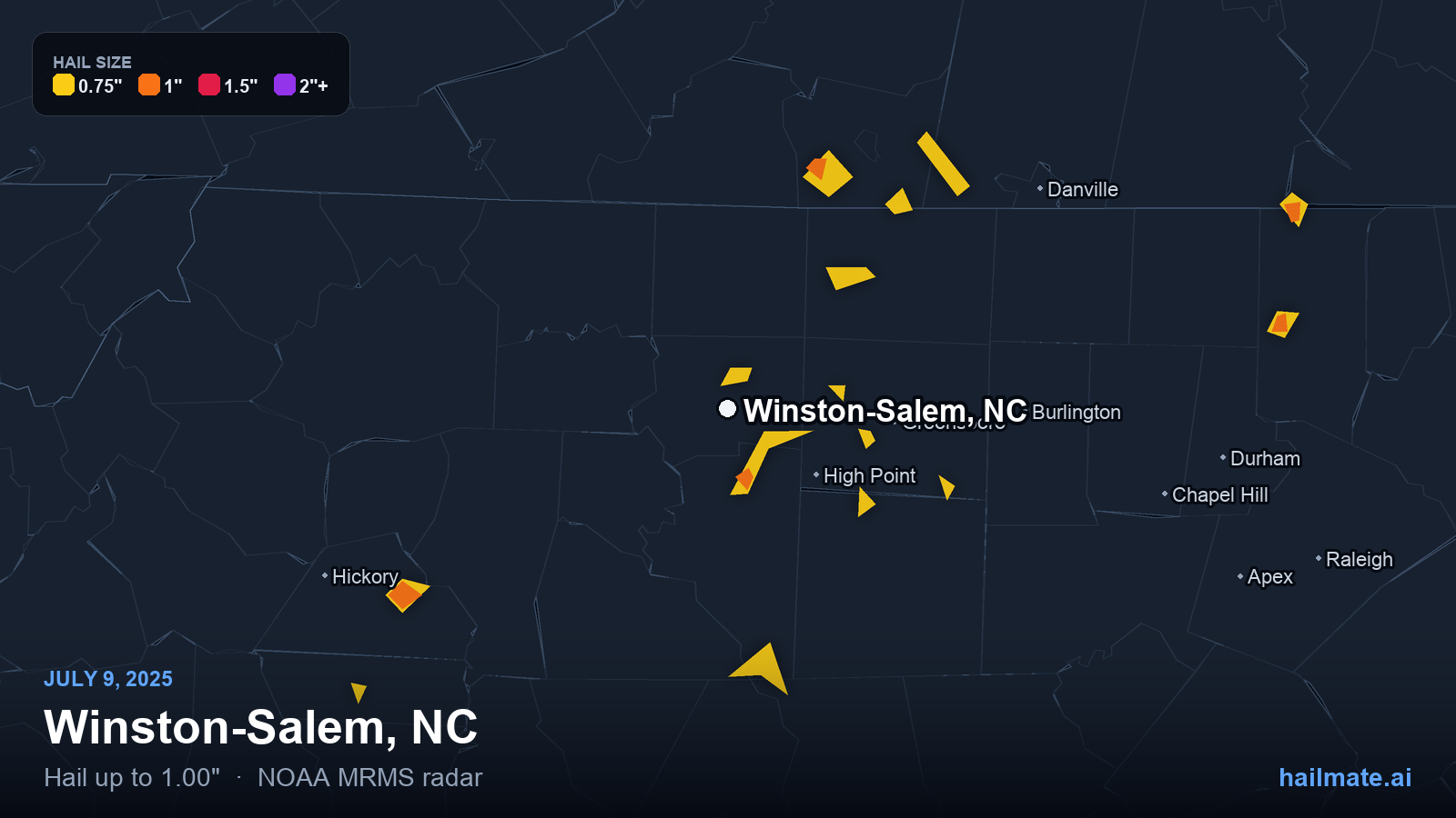 Hail swath map for Winston-Salem, NC on July 9, 2025 showing 1.00 inch hail.