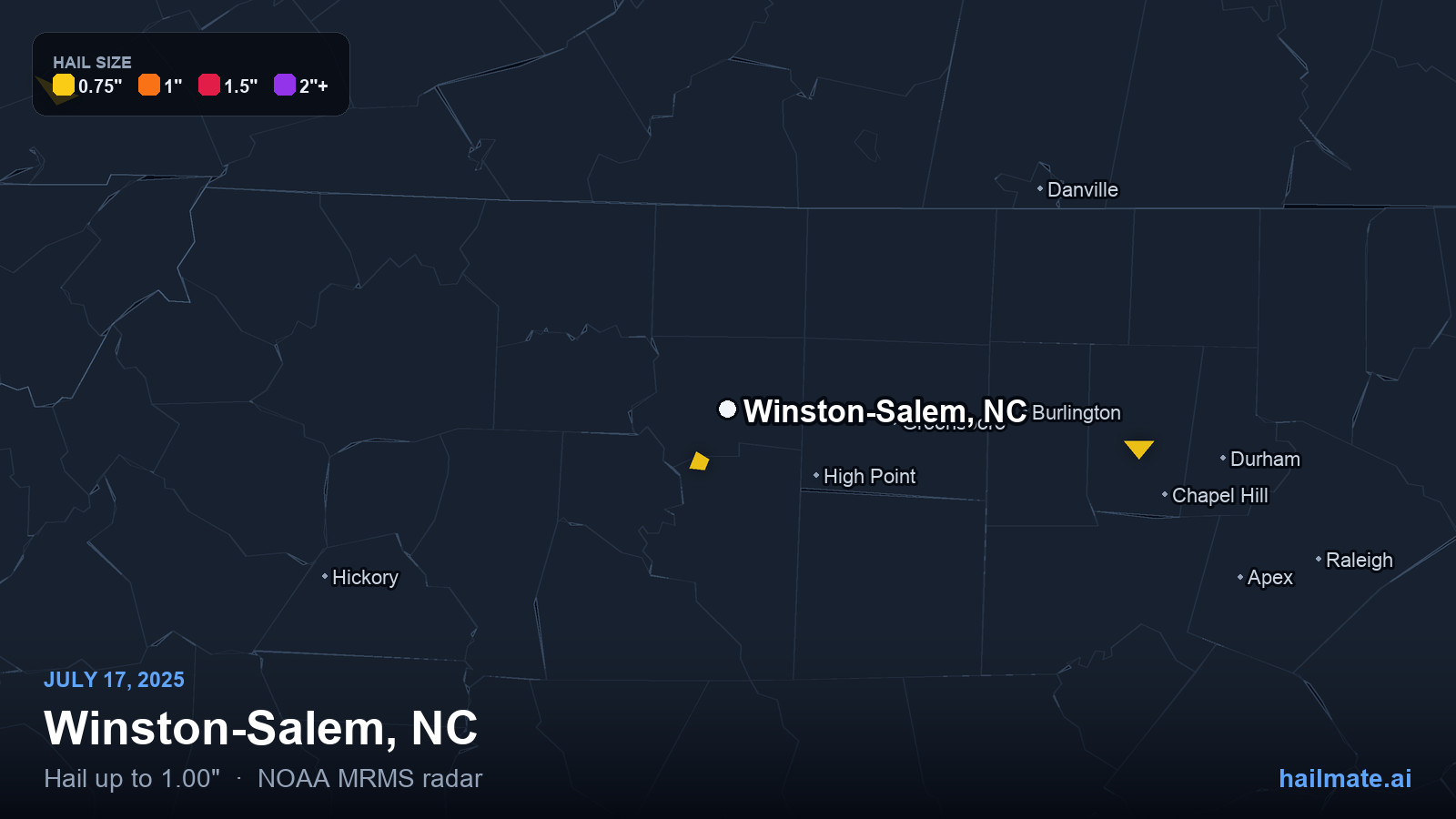 Hail swath map for Winston-Salem, NC on July 17, 2025 showing 1.00 inch hail.