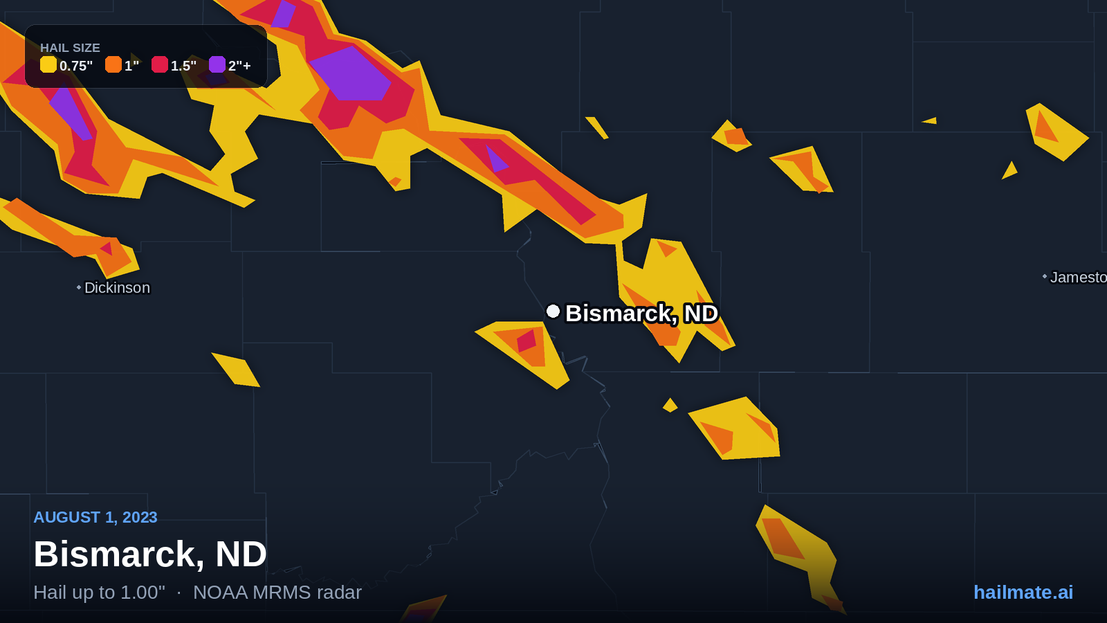 Hail swath map for Bismarck, ND on August 1, 2023 showing 1.00 inch hail.
