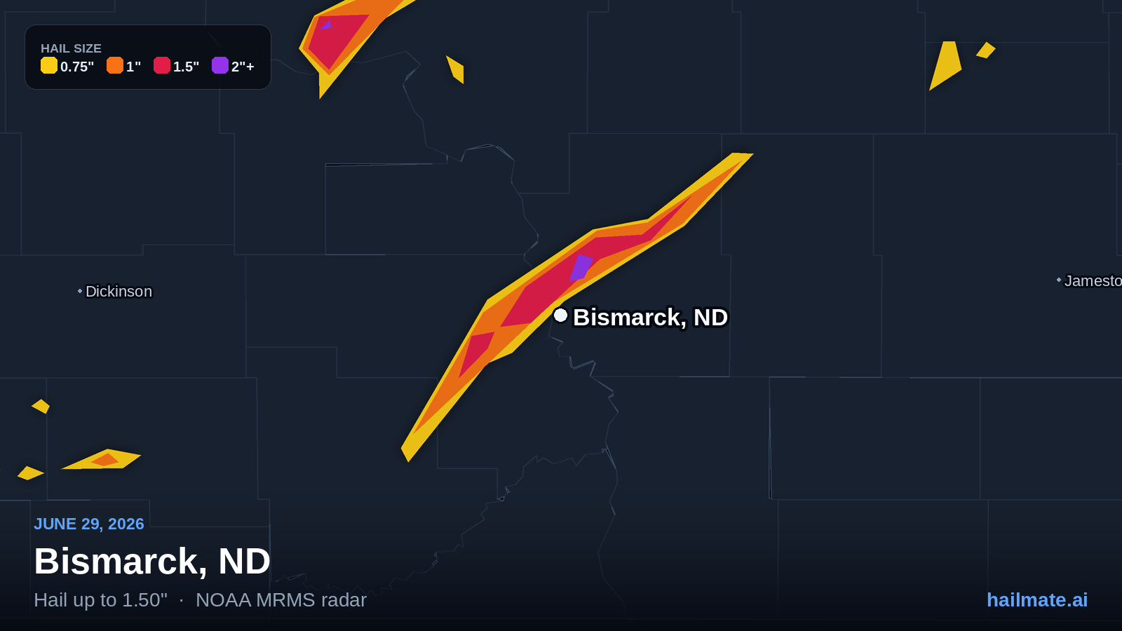 Hail swath map for Bismarck, ND on June 29, 2026 showing 1.50 inch hail.