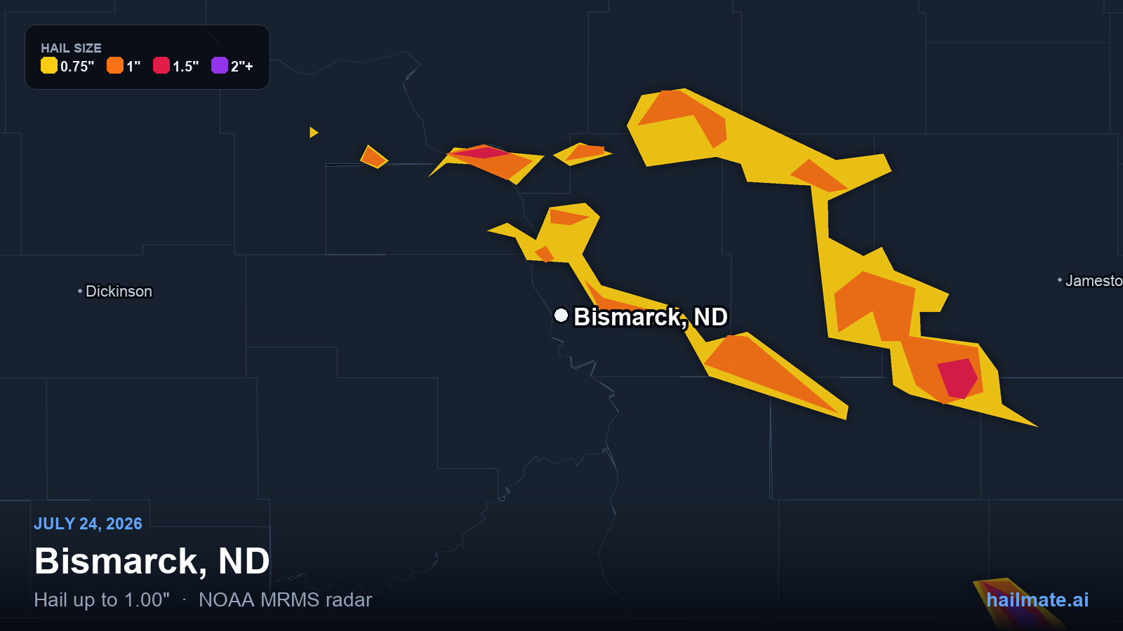Hail swath map for Bismarck, ND on July 24, 2026 showing 1.00 inch hail.