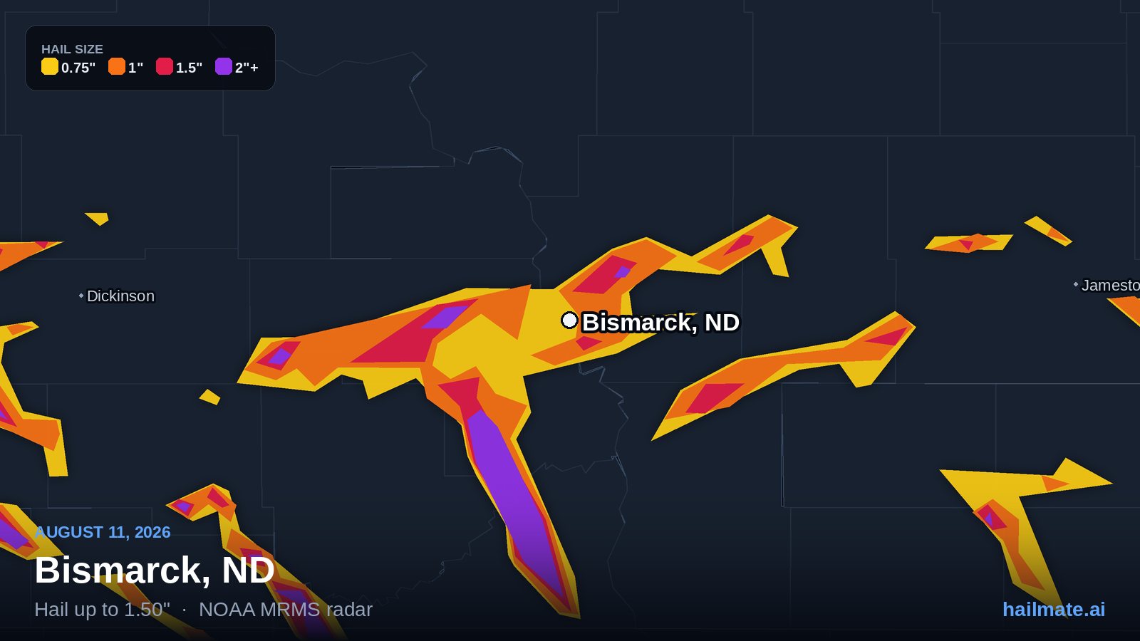 Hail swath map showing 1.50 inch hail over Bismarck, North Dakota on August 11, 2026.