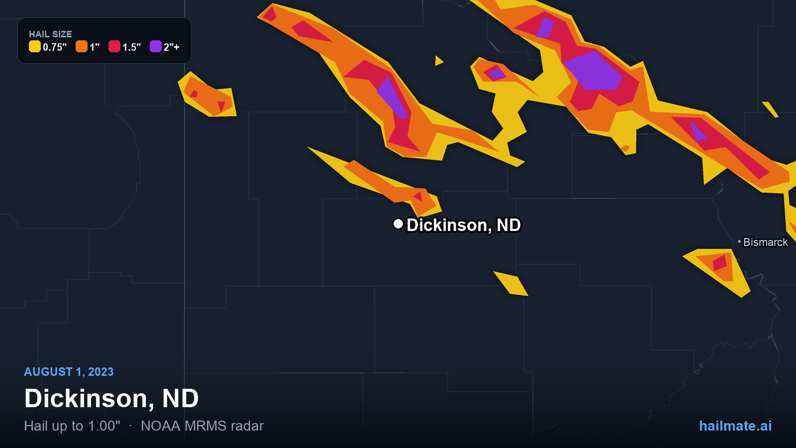 Hail swath map for Dickinson, ND on August 1, 2023 showing 1.00 inch hail.