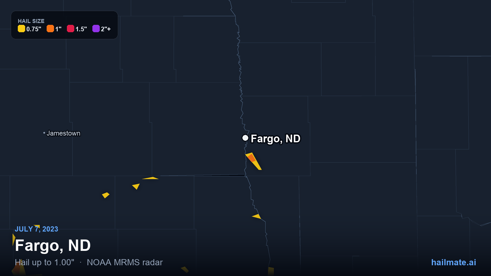 Hail swath map for Fargo, ND on July 7, 2023 showing 1.00 inch hail.