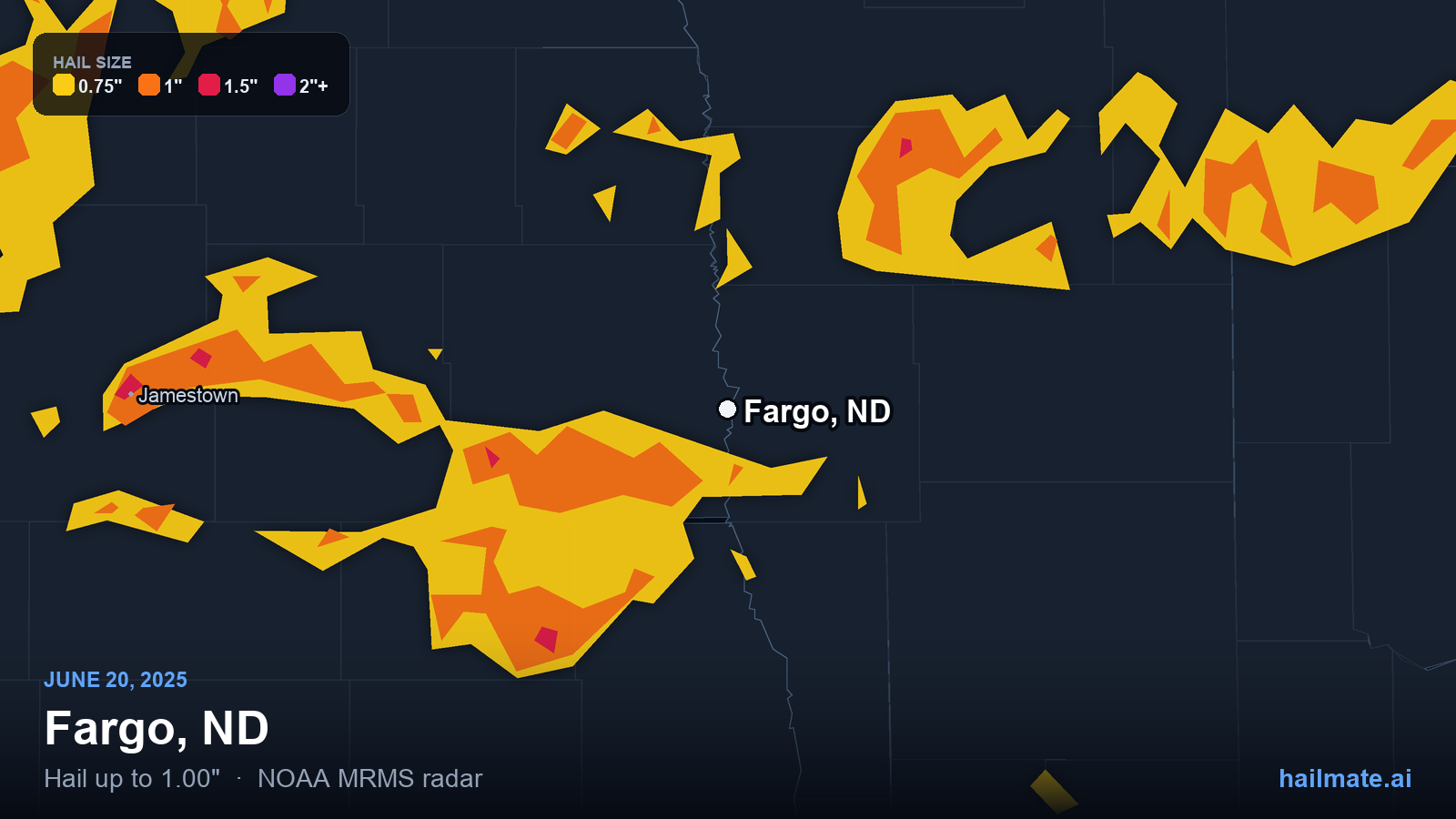 Hail swath map for Fargo, ND on June 20, 2025 showing 1.00 inch hail.