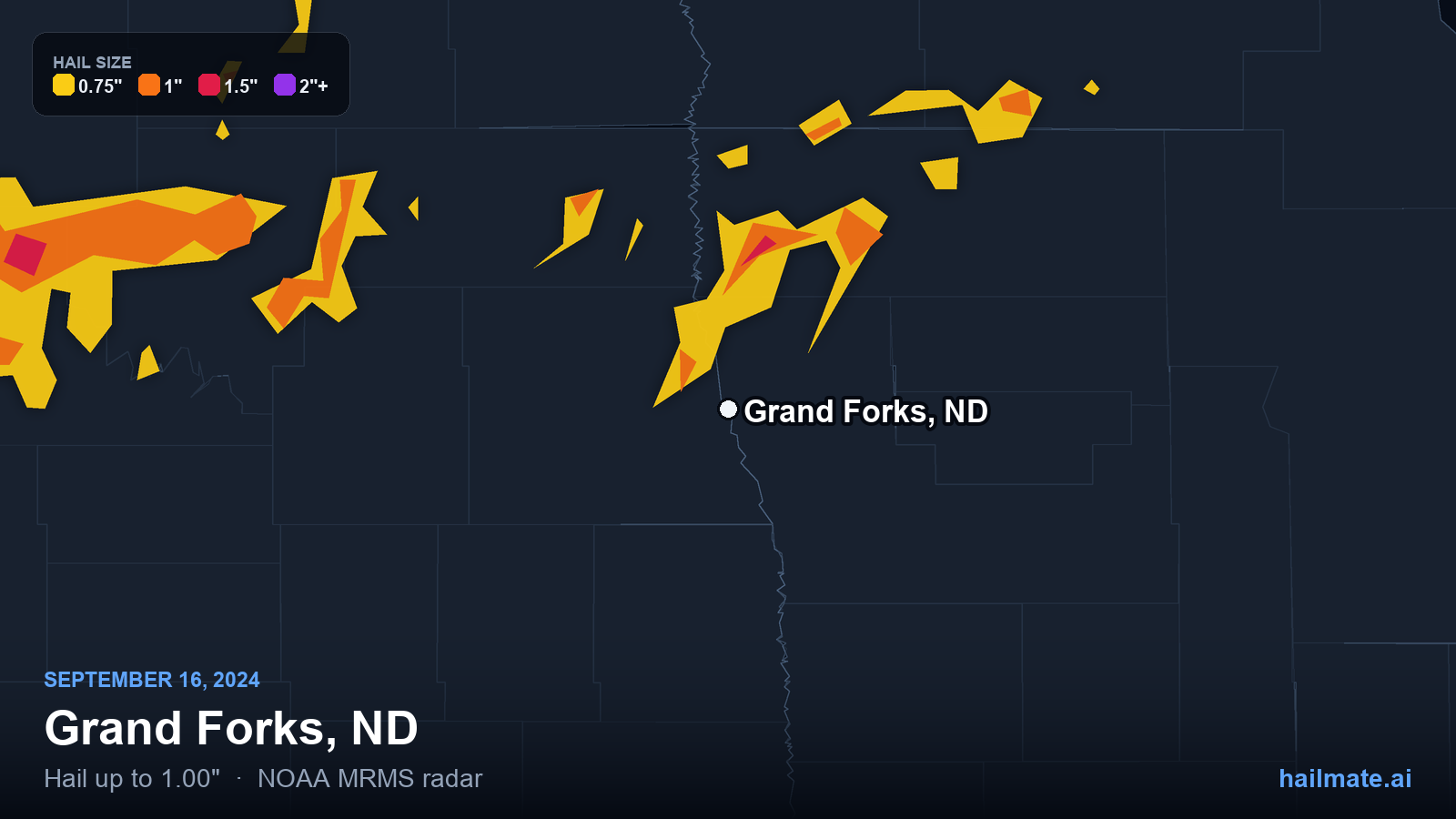 Hail swath map for Grand Forks, ND on September 16, 2024 showing 1.00 inch hail.