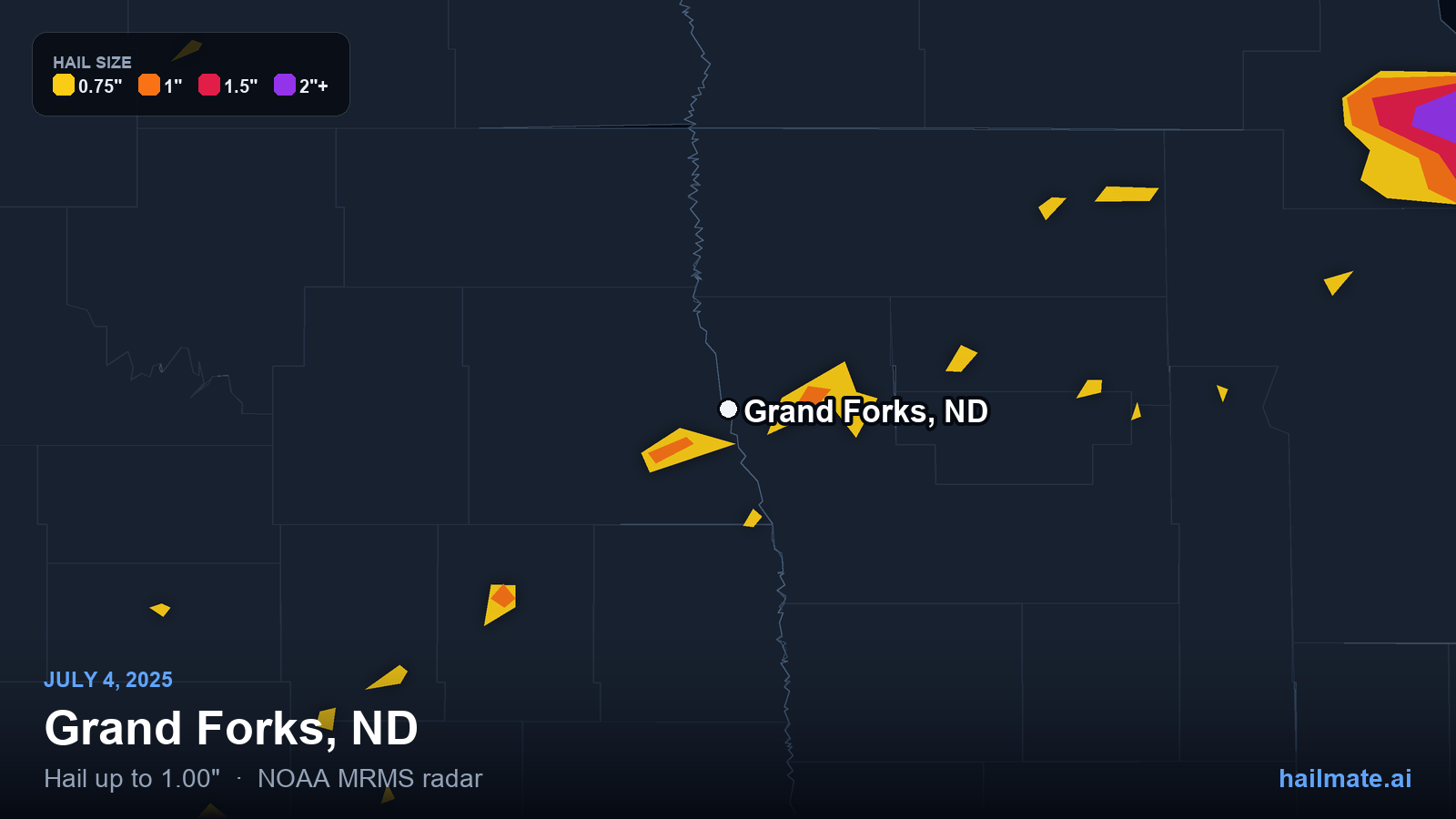 Hail swath map for Grand Forks, ND on July 4, 2025 showing 1.00 inch hail.