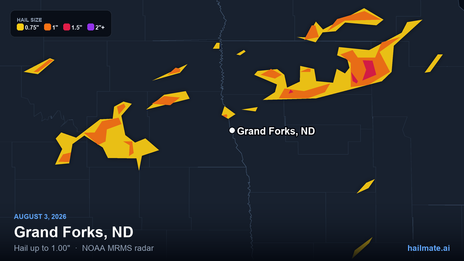 Hail swath map for Grand Forks, ND on August 3, 2026 showing 1.00 inch hail.