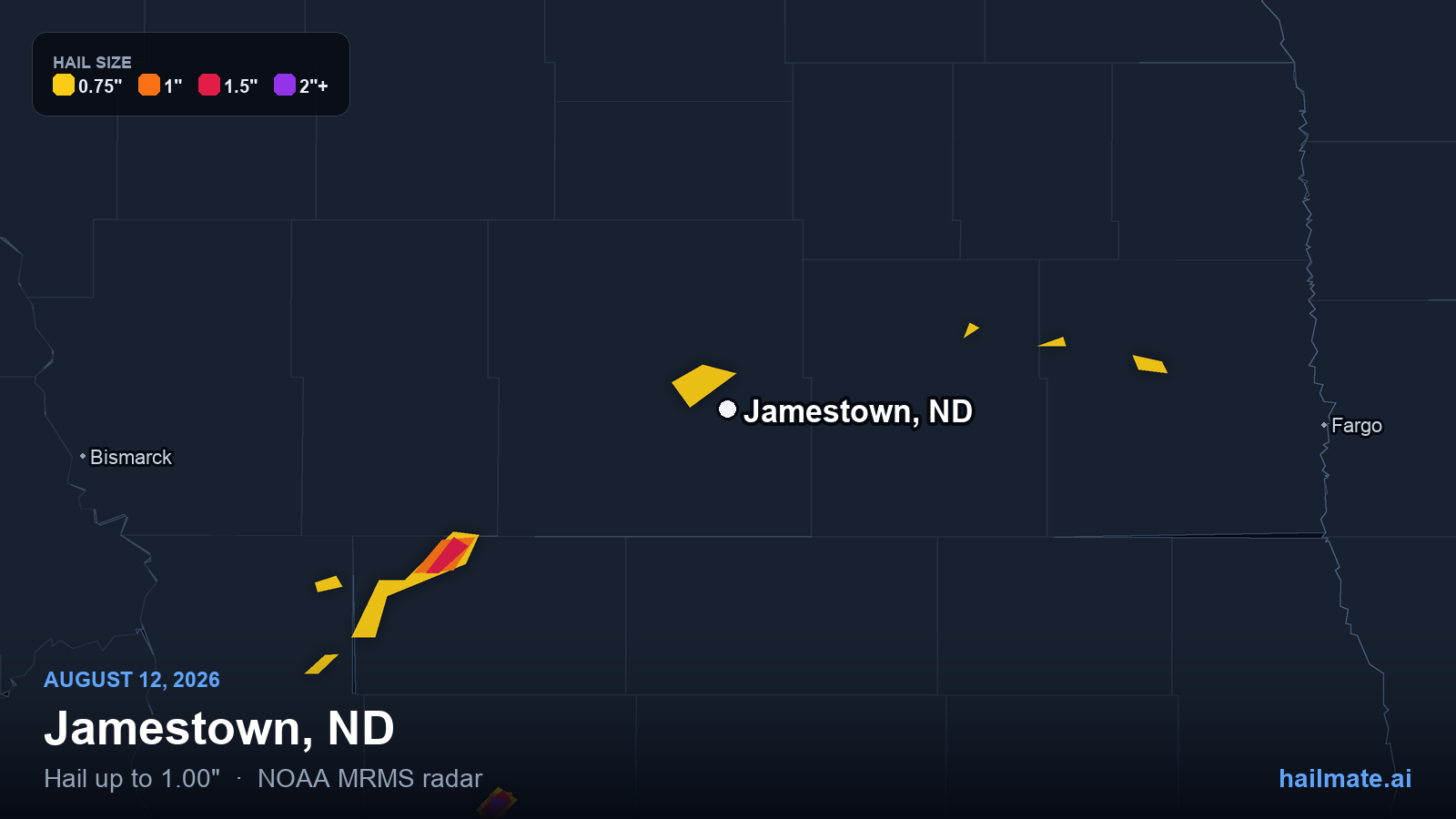 Hail swath map for Jamestown, ND on August 12, 2026 showing 1.00 inch hail.