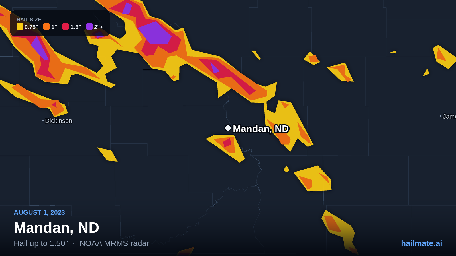 Hail swath map for Mandan, ND on August 1, 2023 showing 1.50 inch hail.