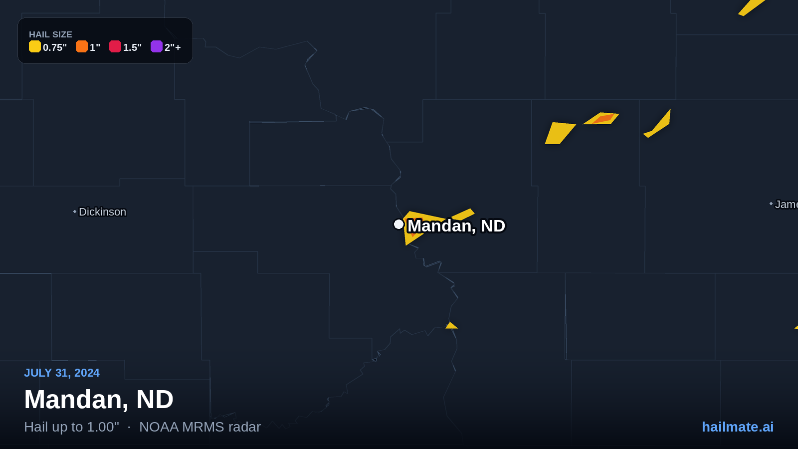 Hail swath map for Mandan, ND on July 31, 2024 showing 1.00 inch hail.