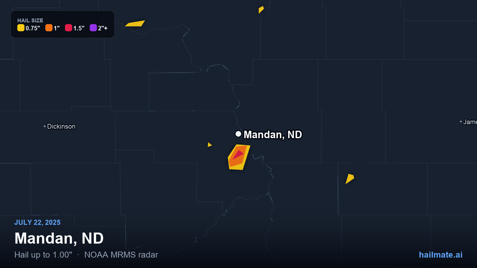 Hail swath map for Mandan, ND on July 22, 2025 showing 1.00 inch hail.