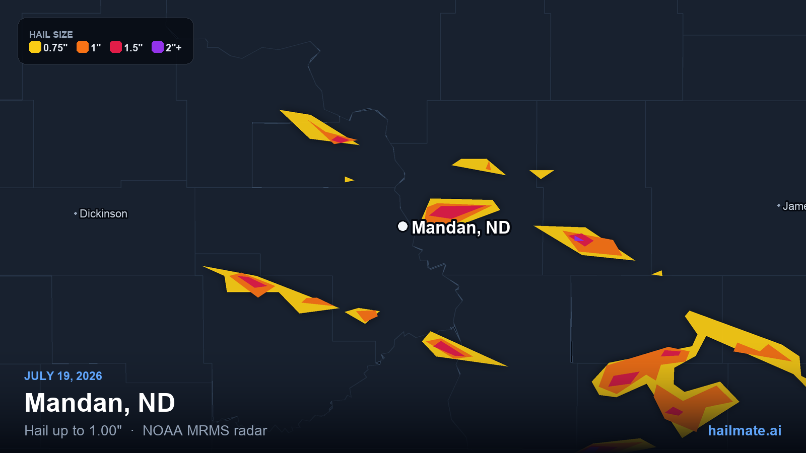 Hail swath map for Mandan, ND on July 19, 2026 showing 1.00 inch hail.