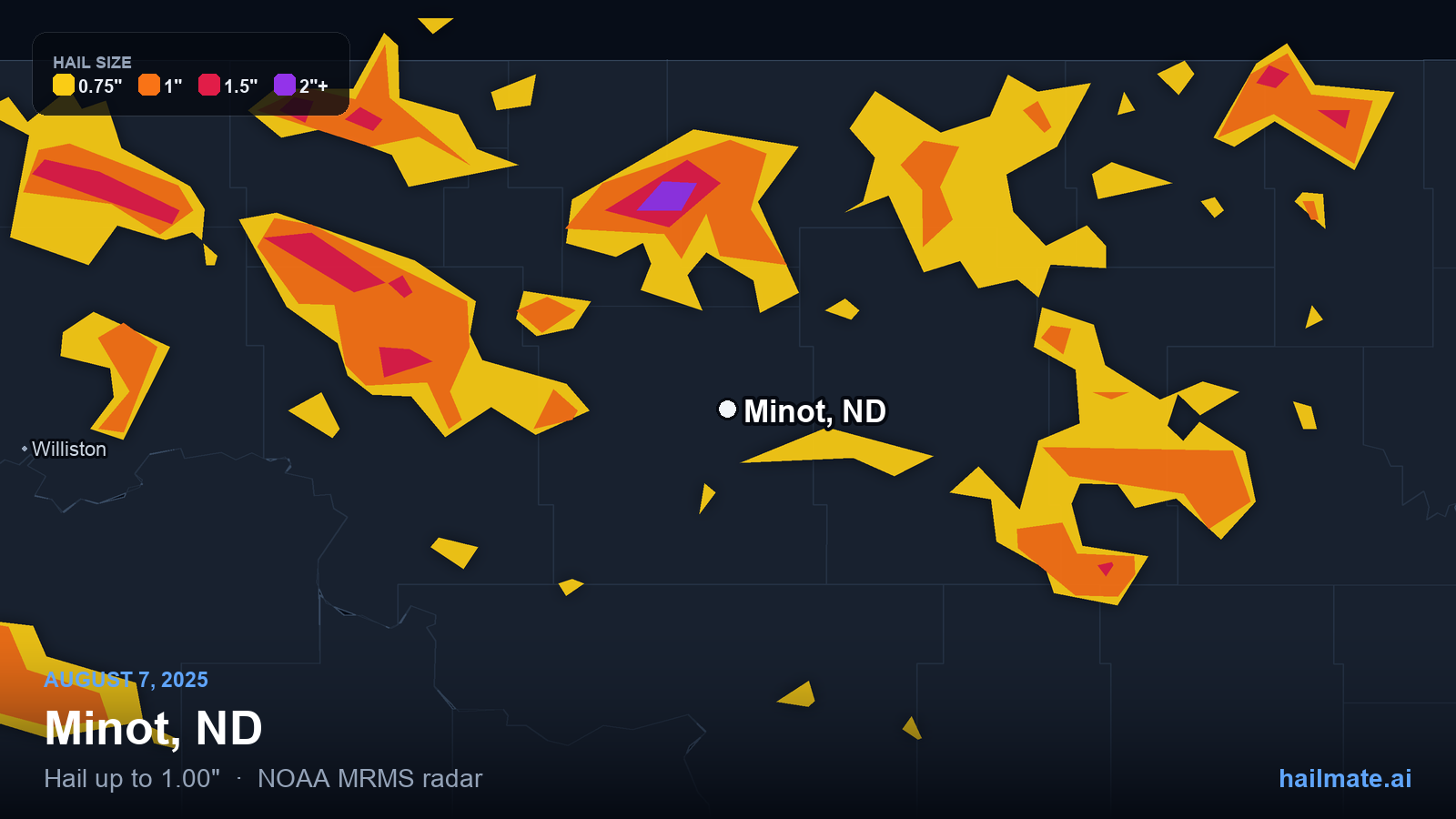 Hail swath map for Minot, ND on August 7, 2025 showing 1.00 inch hail.