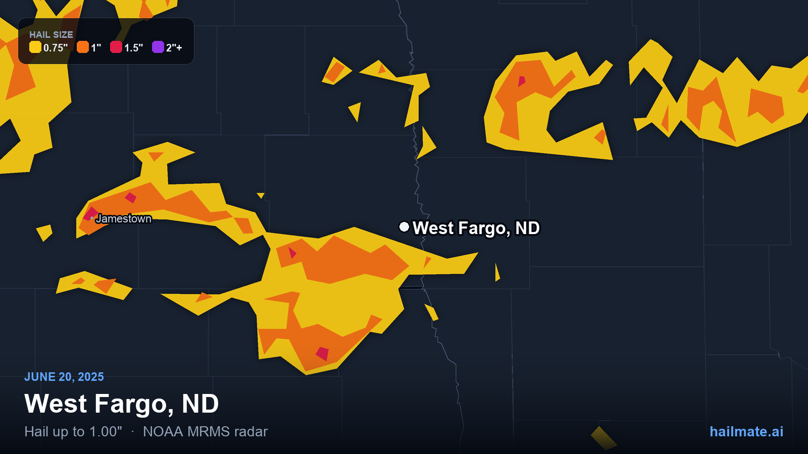 Hail swath map for West Fargo, ND on June 20, 2025 showing 1.00 inch hail.