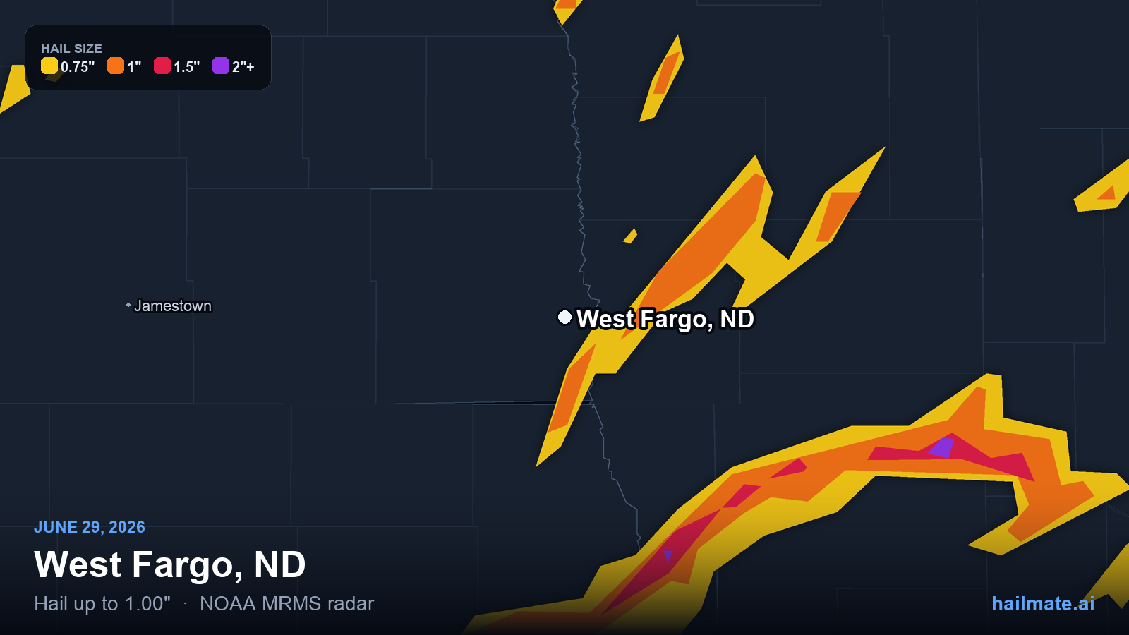 Hail swath map for West Fargo, ND on June 29, 2026 showing 1.00 inch hail.