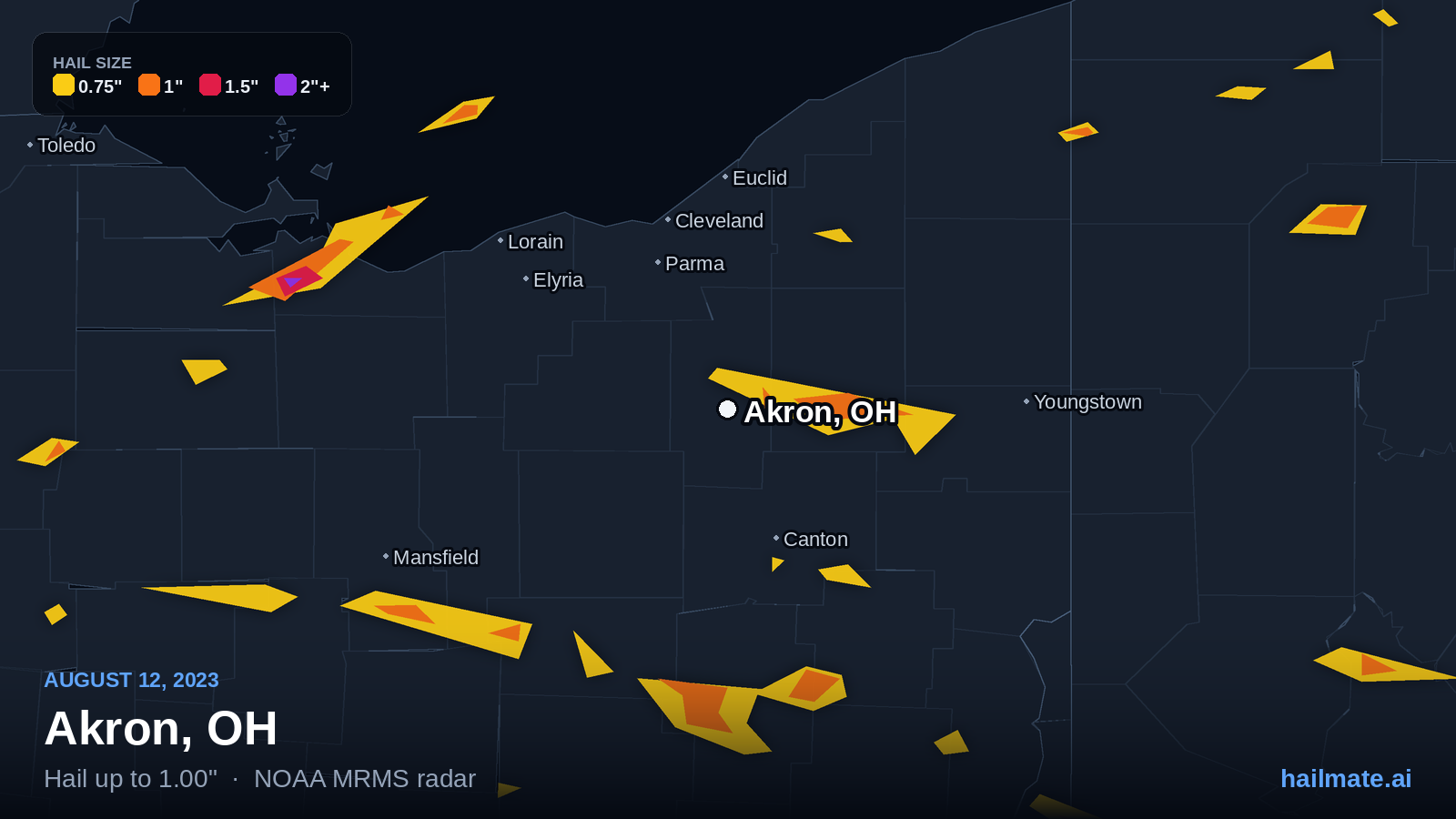 Hail swath map for Akron, OH on August 12, 2023 showing 1.00 inch hail.