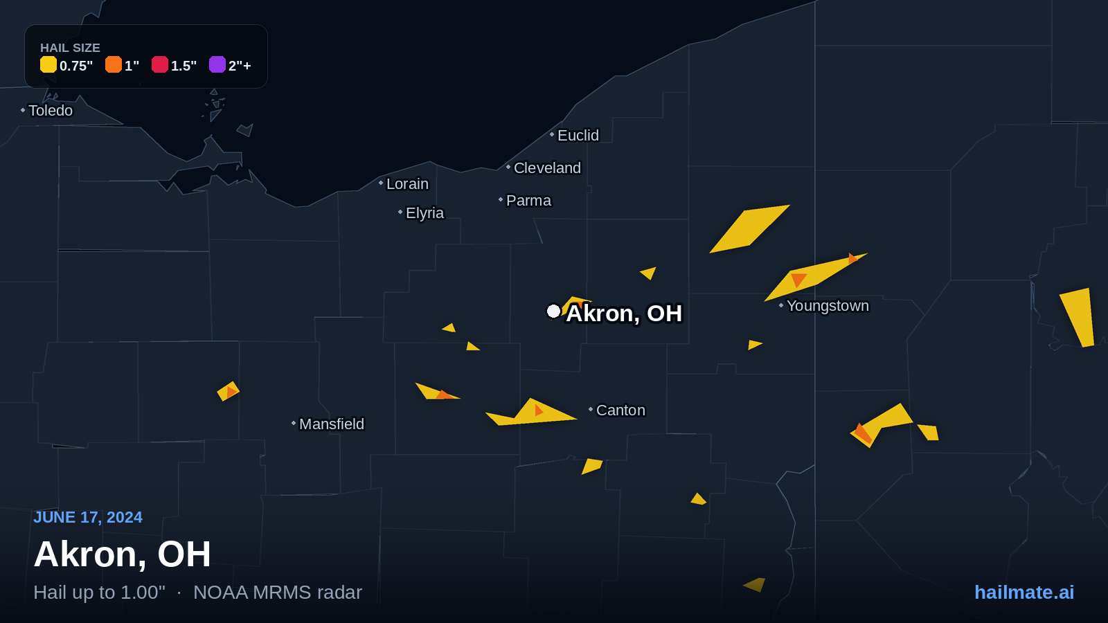 Hail swath map for Akron, OH on June 17, 2024 showing 1.00 inch hail.