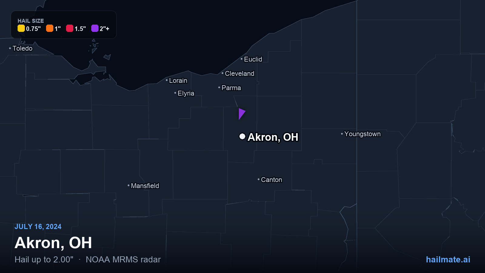 Hail swath map for Akron, OH on July 16, 2024 showing 2.00 inch hail.