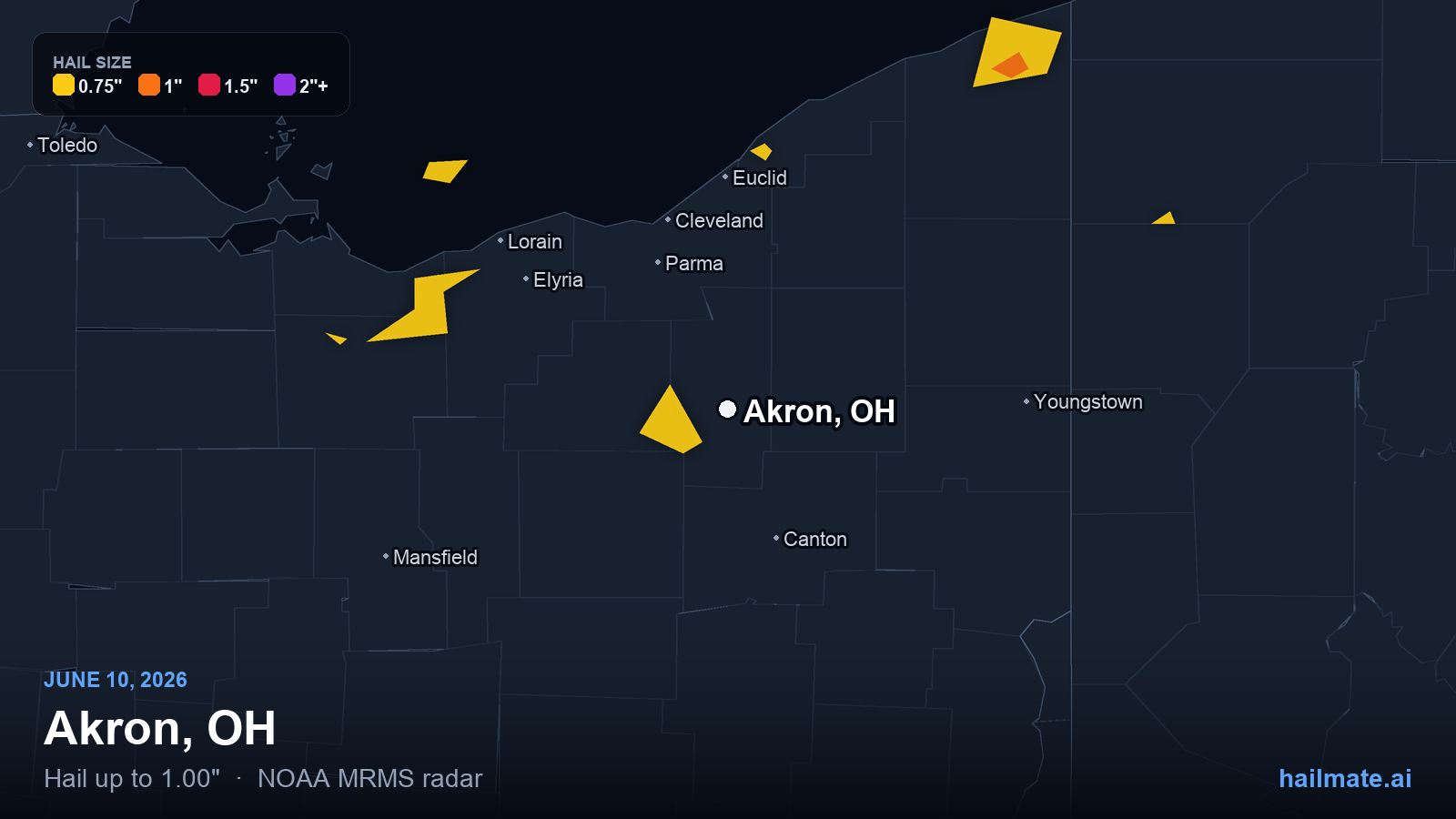 Hail swath map for Akron, OH on June 10, 2026 showing 1.00 inch hail.