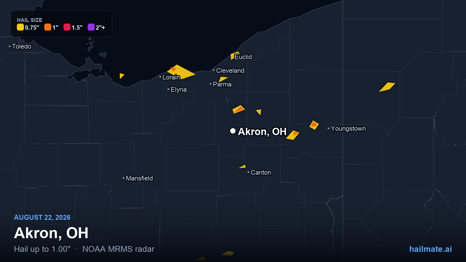 Hail swath map for Akron, OH on August 22, 2026 showing 1.00 inch hail.