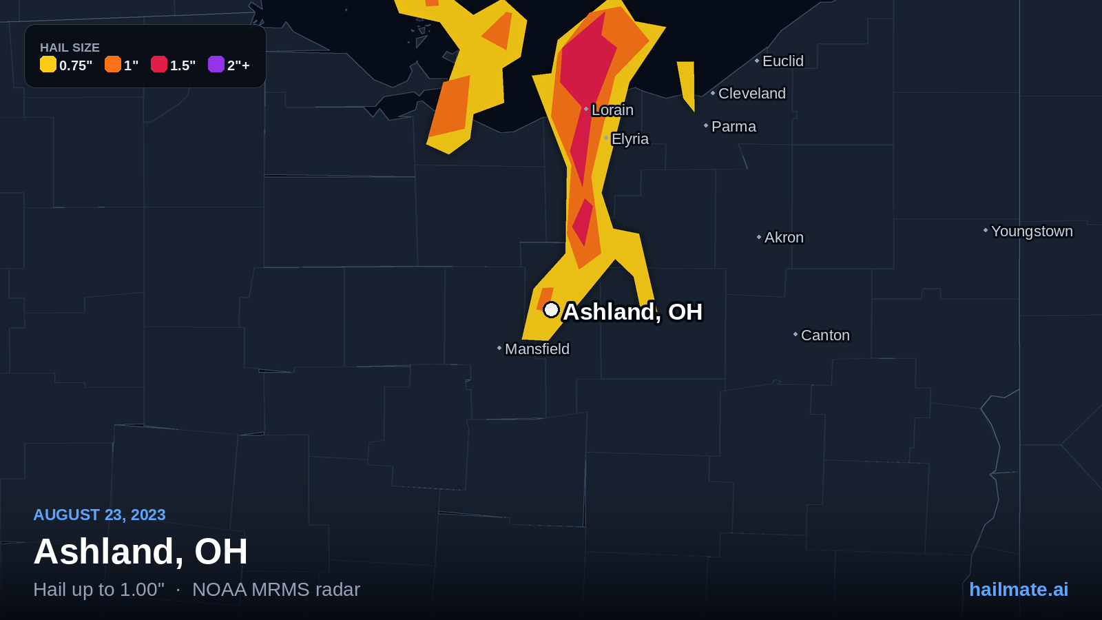 Hail swath map for Ashland, OH on August 23, 2023 showing 1.00 inch hail.