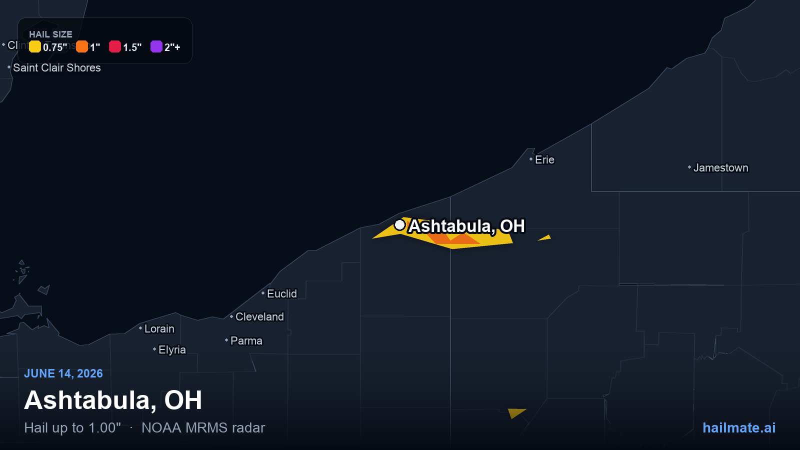 Hail swath map for Ashtabula, OH on June 14, 2026 showing 1.00 inch hail.