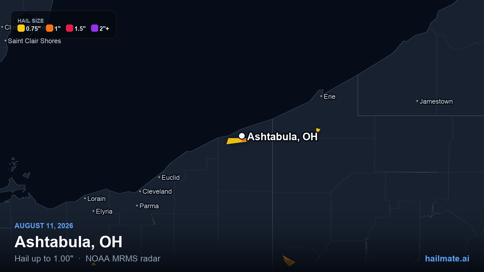 Hail swath map for Ashtabula, OH on August 11, 2026 showing 1.00 inch hail.