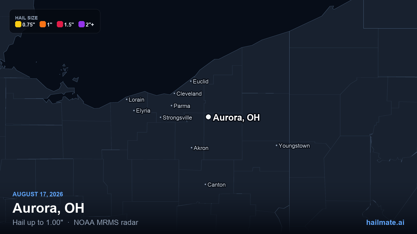 Hail swath map for Aurora, OH on August 17, 2026 showing 1.00 inch hail.