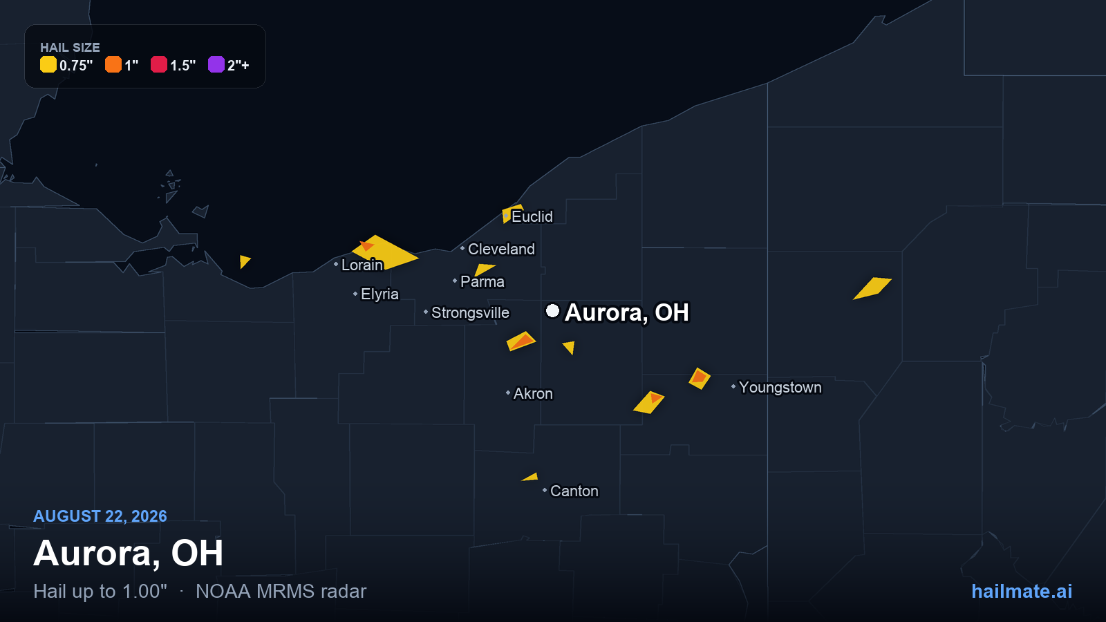 Hail swath map for Aurora, OH on August 22, 2026 showing 1.00 inch hail.