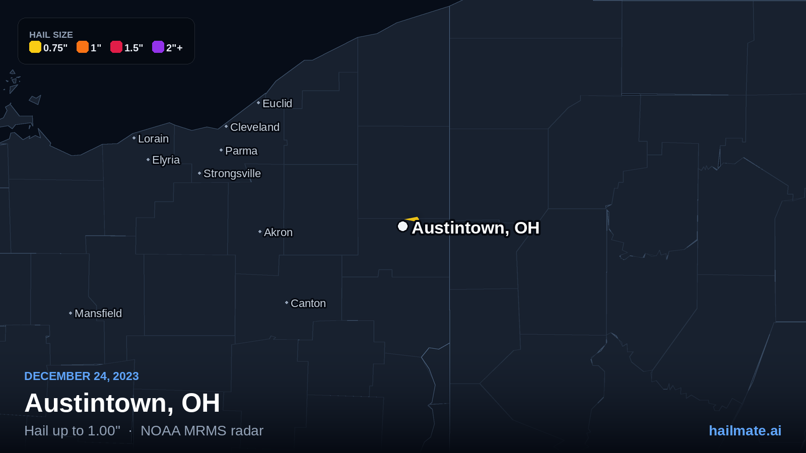 Hail swath map for Austintown, OH on December 24, 2023 showing 1.00 inch hail.