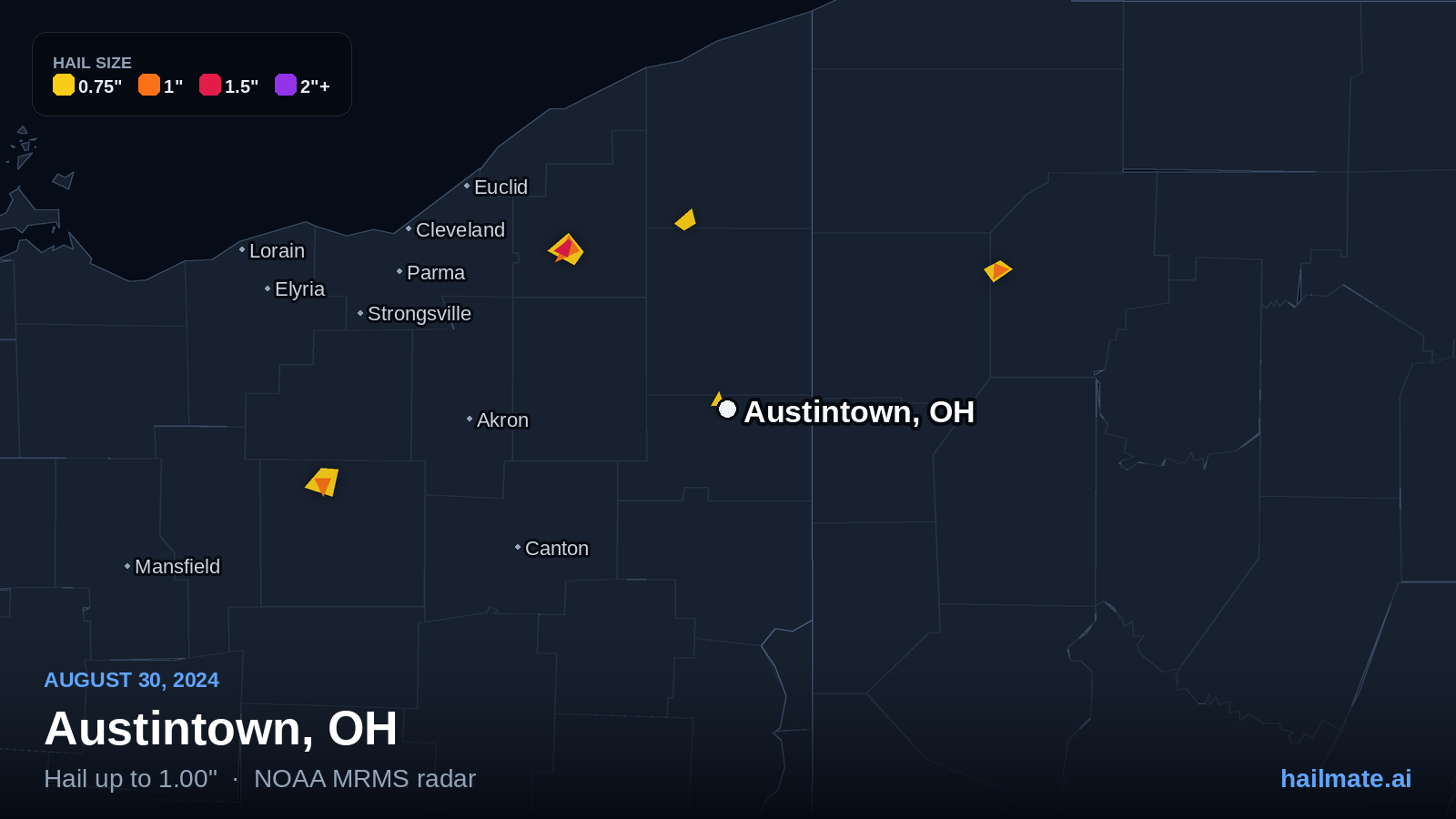 Hail swath map for Austintown, OH on August 30, 2024 showing 1.00 inch hail.