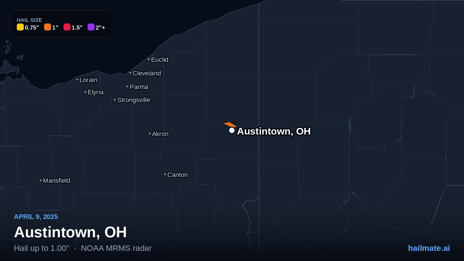 Hail swath map for Austintown, OH on April 9, 2025 showing 1.00 inch hail.