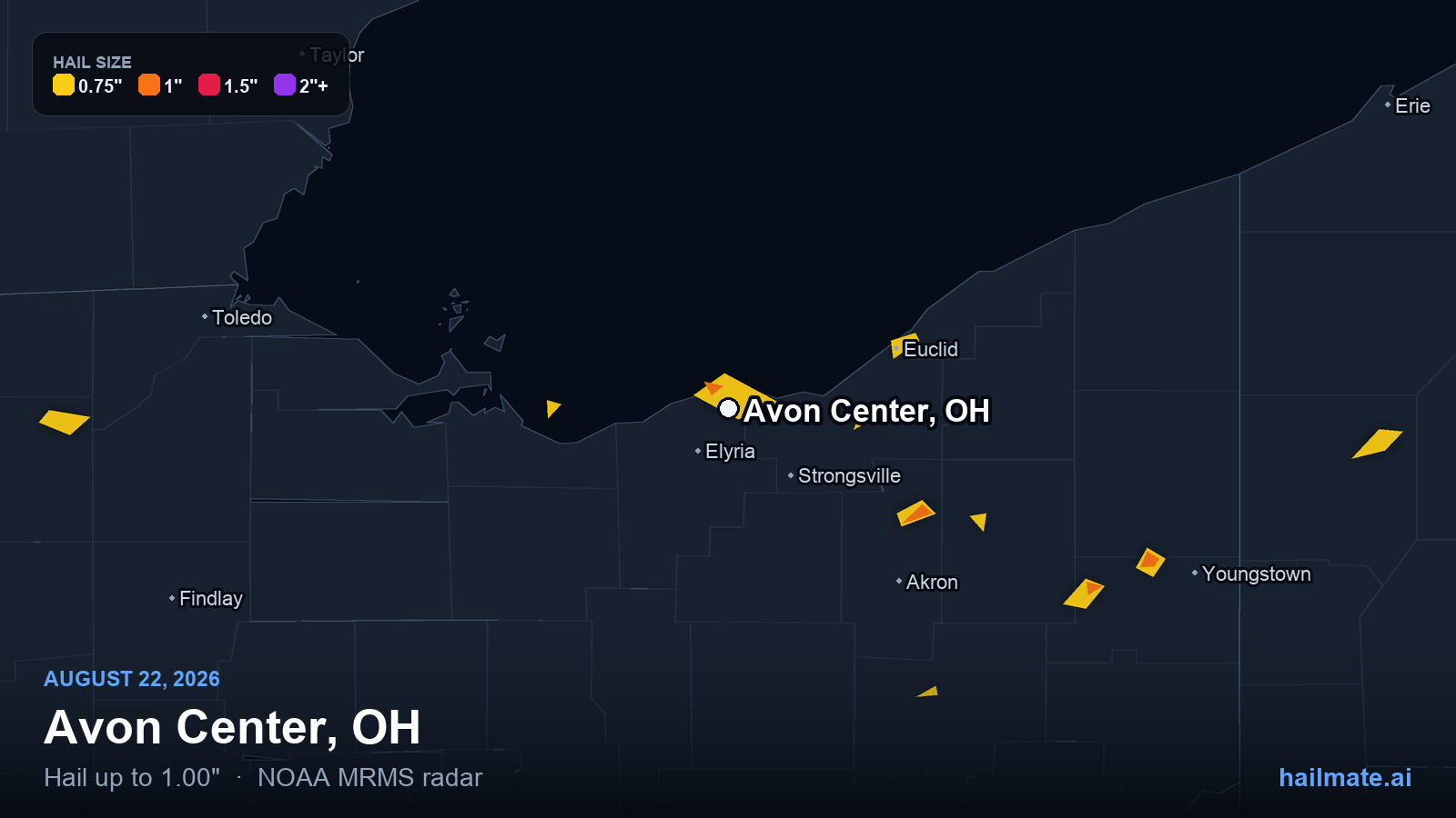 Hail swath map for Avon Center, OH on August 22, 2026 showing 1.00 inch hail.