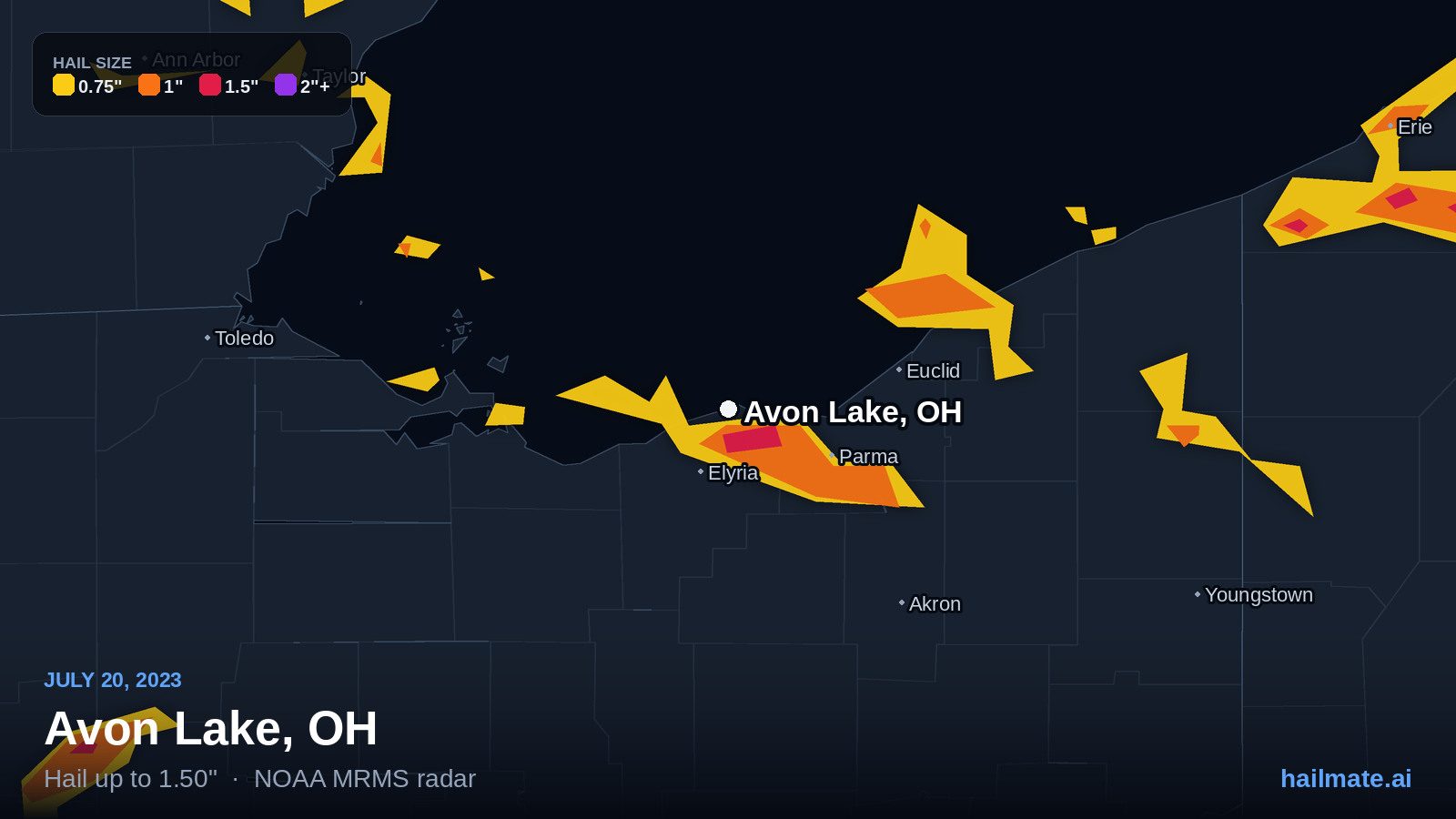 Hail swath map for Avon Lake, OH on July 20, 2023 showing 1.50 inch hail.