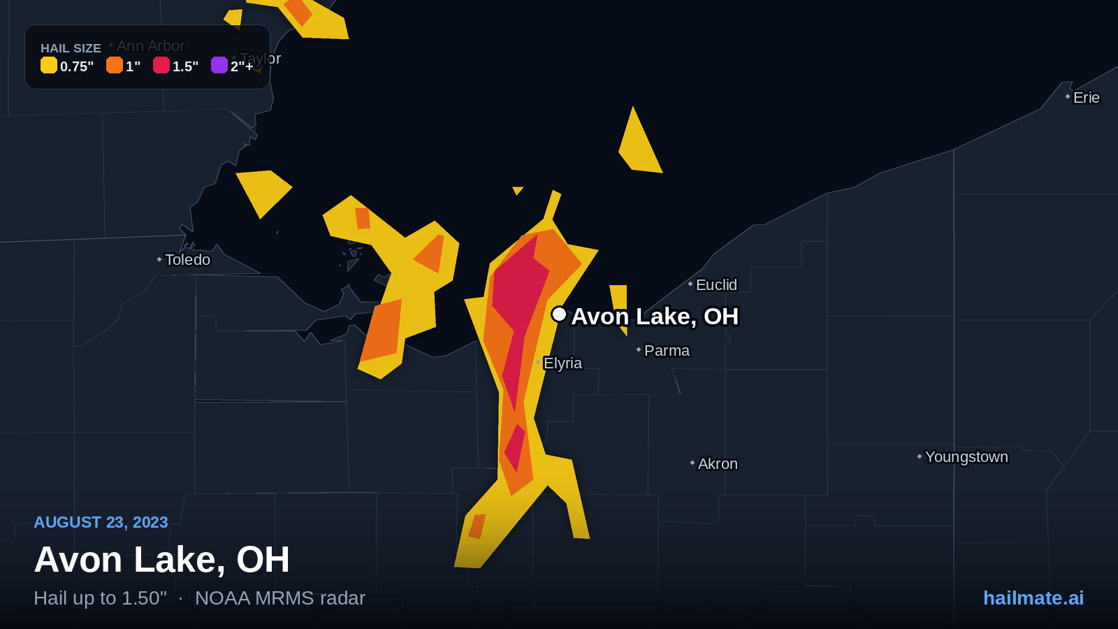 Hail swath map for Avon Lake, OH on August 23, 2023 showing 1.50 inch hail.