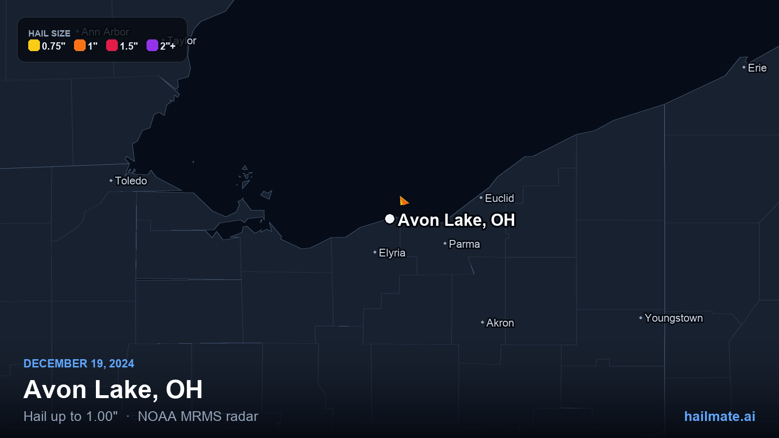 Hail swath map for Avon Lake, OH on December 19, 2024 showing 1.00 inch hail.