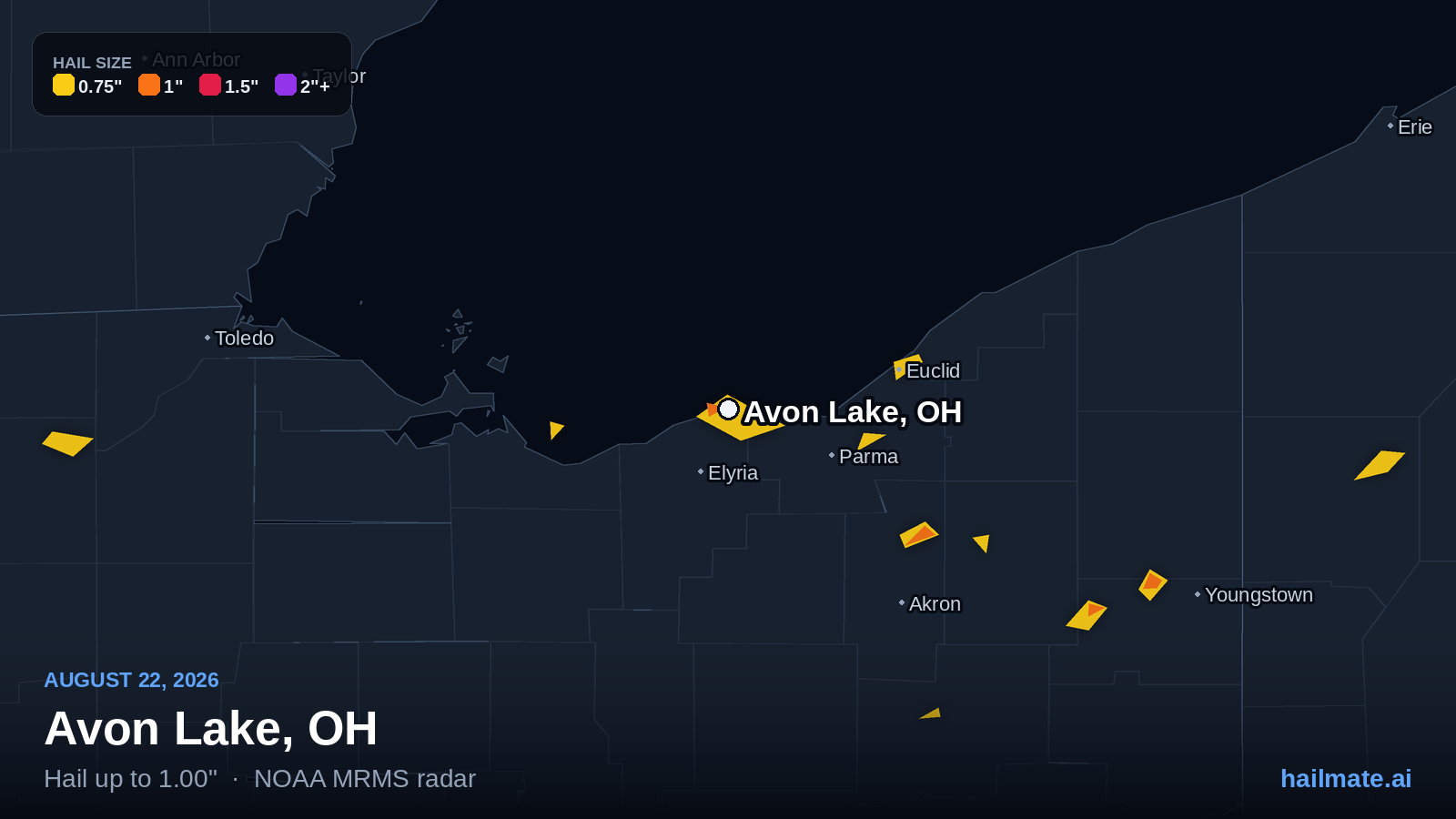 Hail swath map for Avon Lake, OH on August 22, 2026 showing 1.00 inch hail.