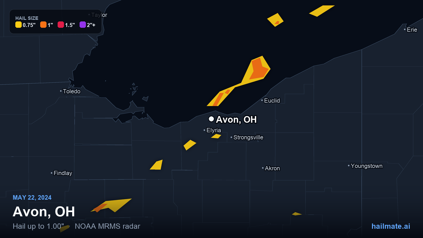 Hail swath map for Avon, OH on May 22, 2024 showing 1.00 inch hail.
