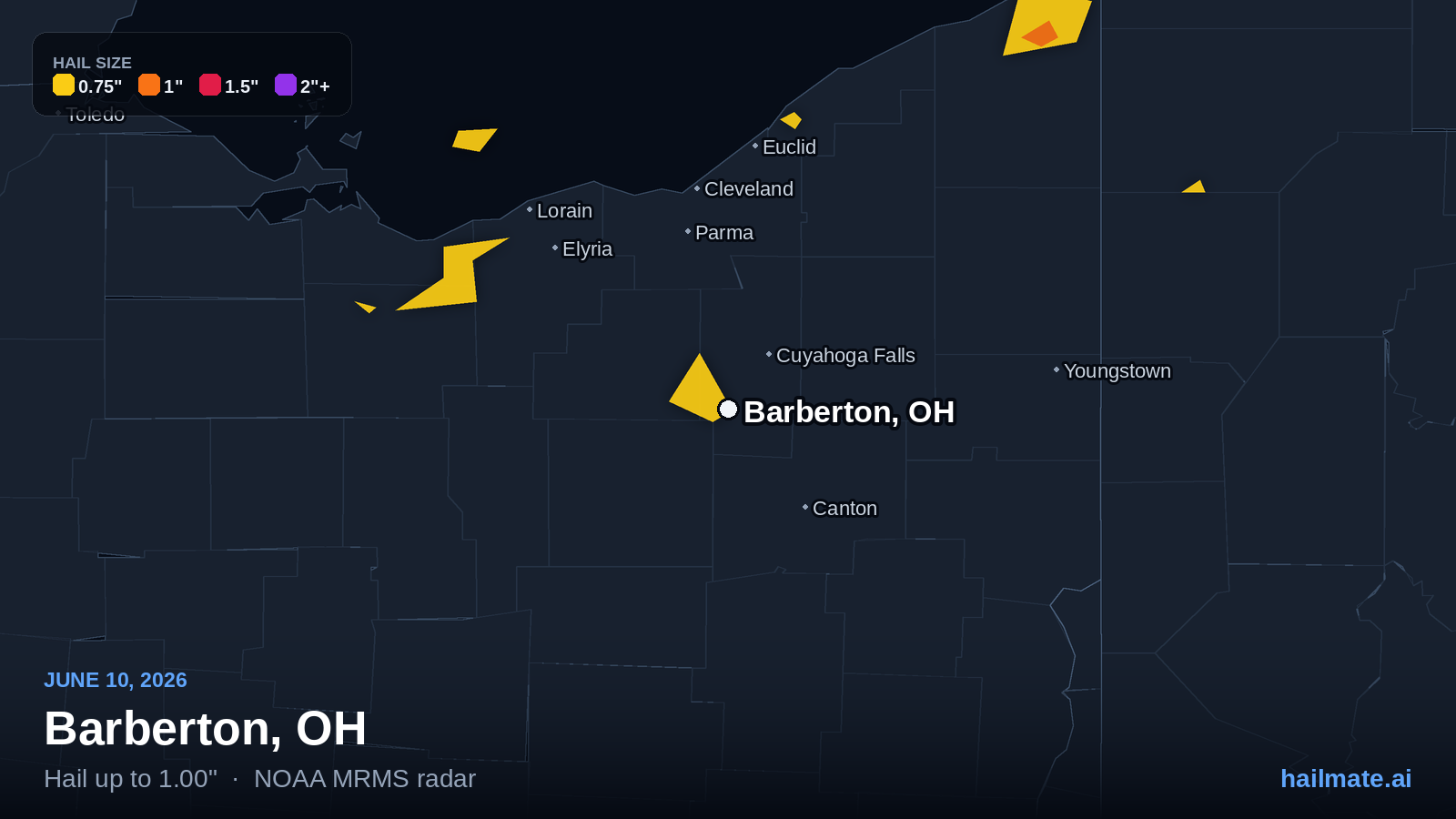 Hail swath map for Barberton, OH on June 10, 2026 showing 1.00 inch hail.