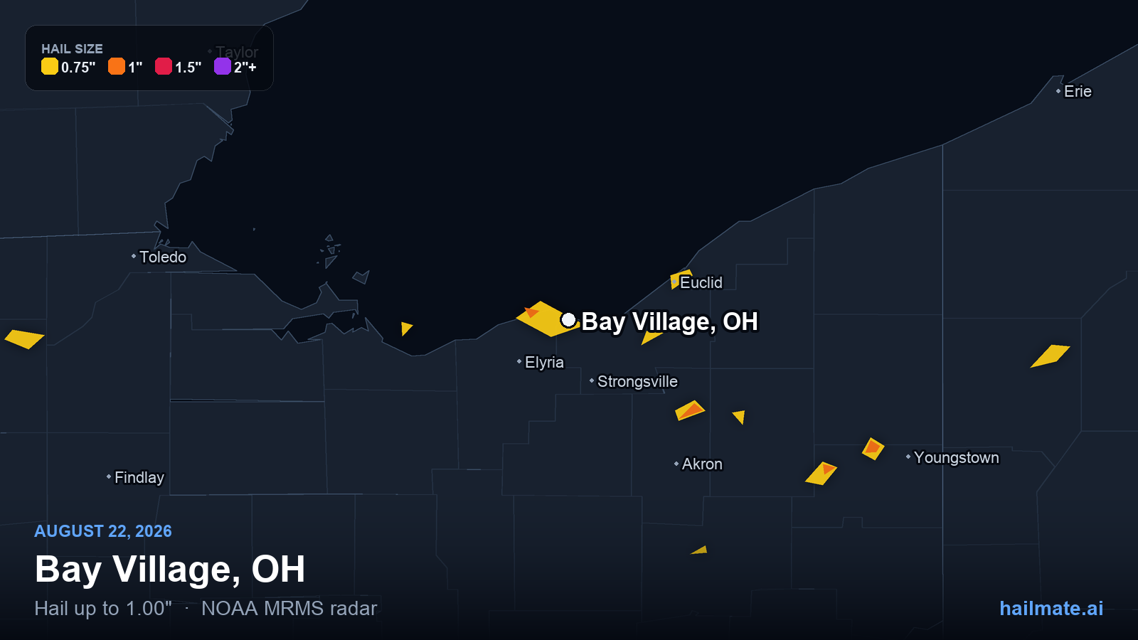 Hail swath map for Bay Village, OH on August 22, 2026 showing 1.00 inch hail.