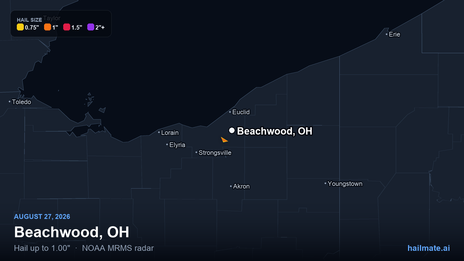 Hail swath map for Beachwood, OH on August 27, 2026 showing 1.00 inch hail.