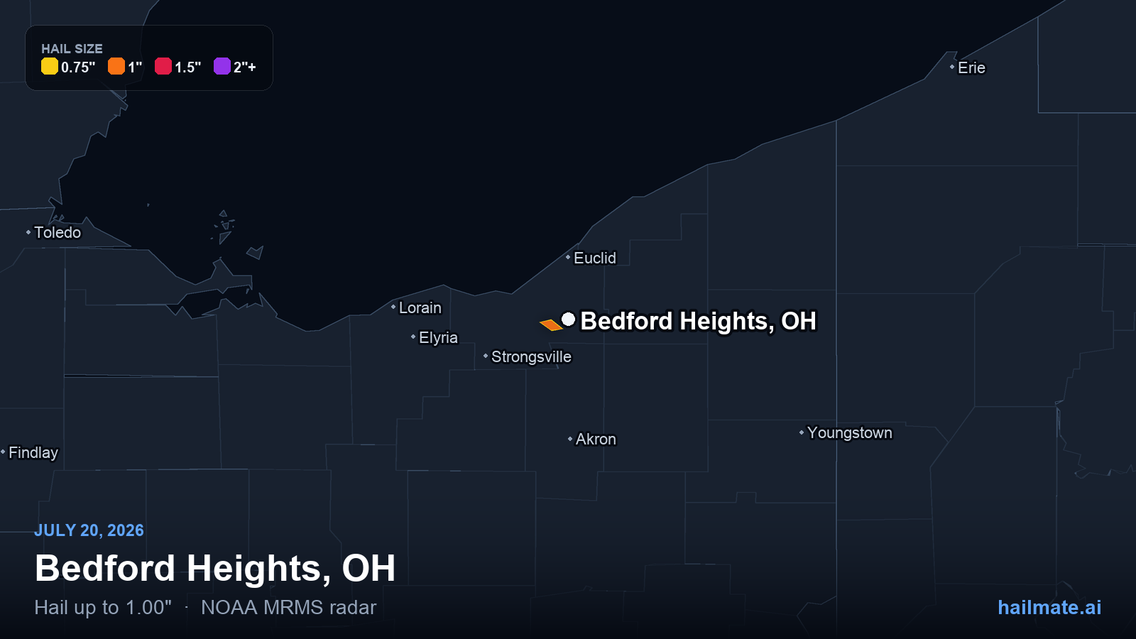 Hail swath map for Bedford Heights, OH on July 20, 2026 showing 1.00 inch hail.