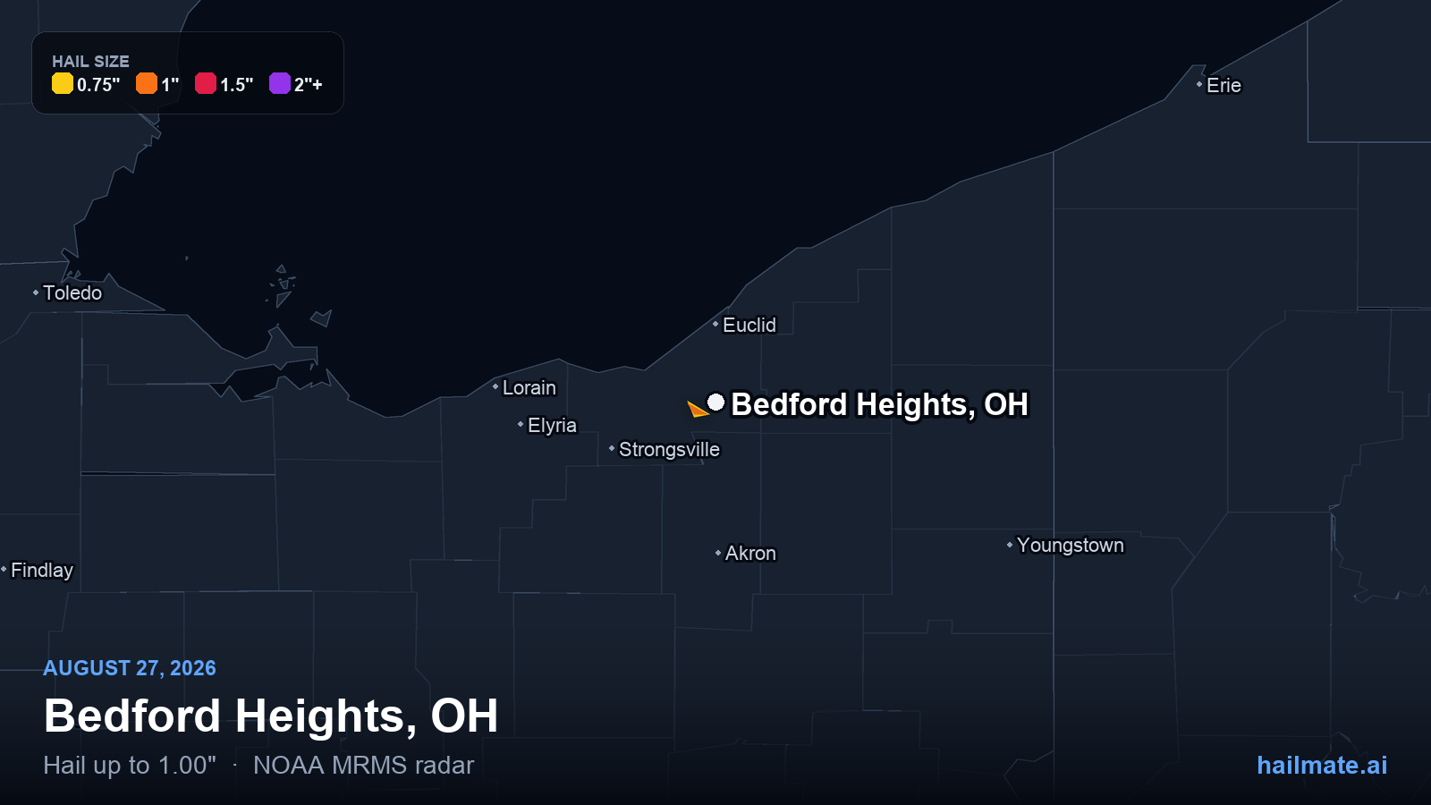 Hail swath map for Bedford Heights, OH on August 27, 2026 showing 1.00 inch hail.