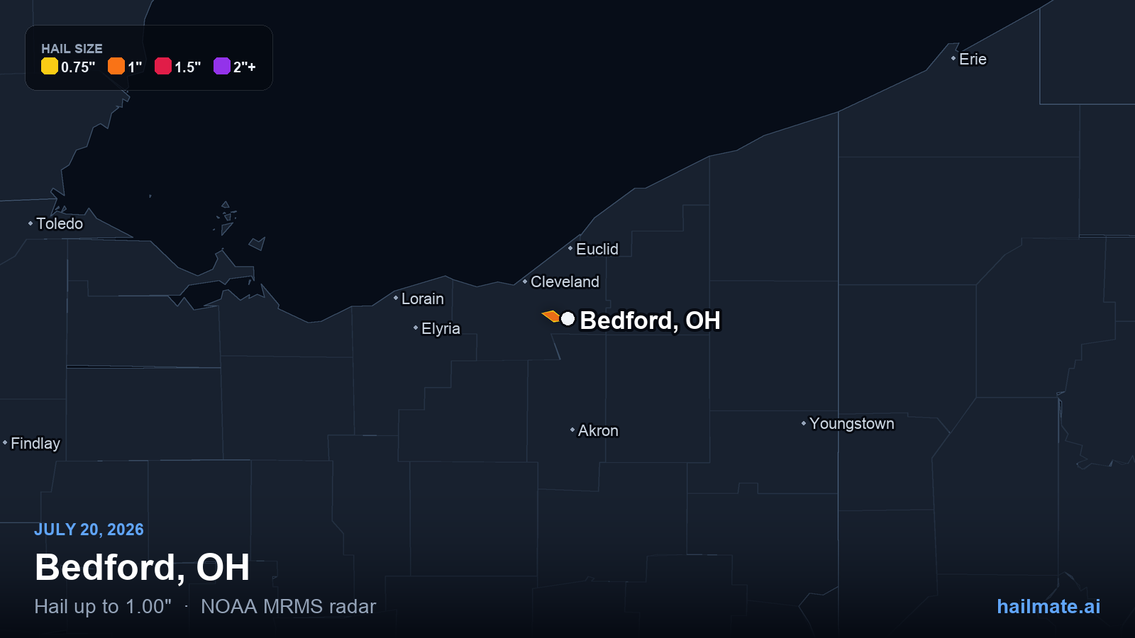 Hail swath map for Bedford, OH on July 20, 2026 showing 1.00 inch hail.