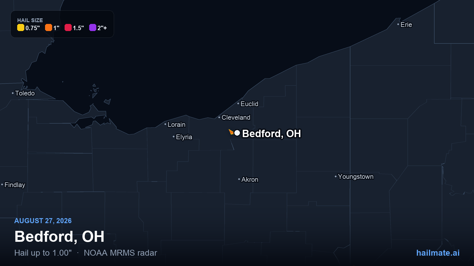 Hail swath map for Bedford, OH on August 27, 2026 showing 1.00 inch hail.