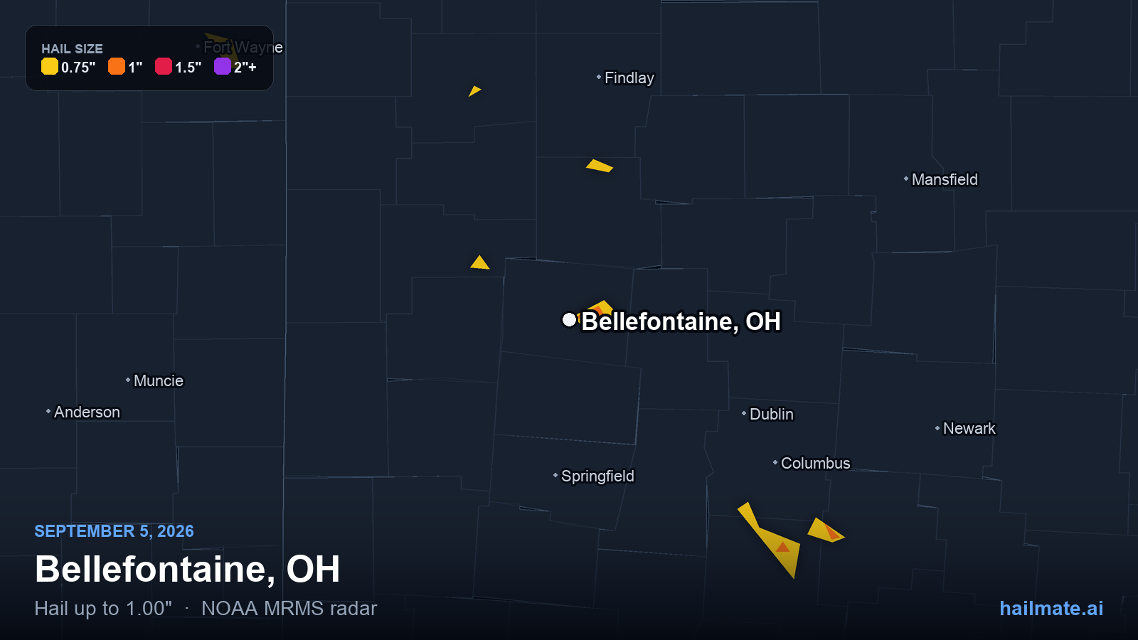 Hail swath map for Bellefontaine, OH on September 5, 2026 showing 1.00 inch hail.