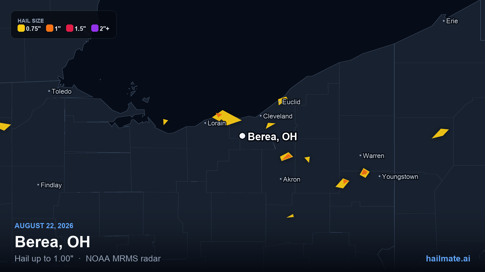 Hail swath map for Berea, OH on August 22, 2026 showing 1.00 inch hail.