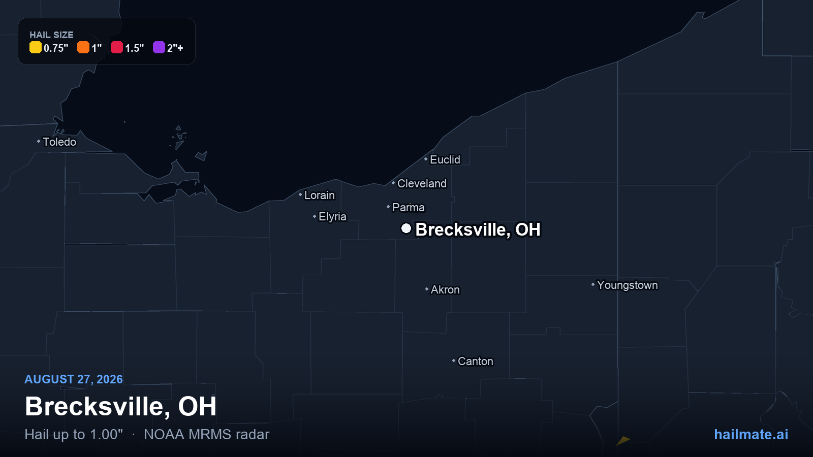 Hail swath map for Brecksville, OH on August 27, 2026 showing 1.00 inch hail.