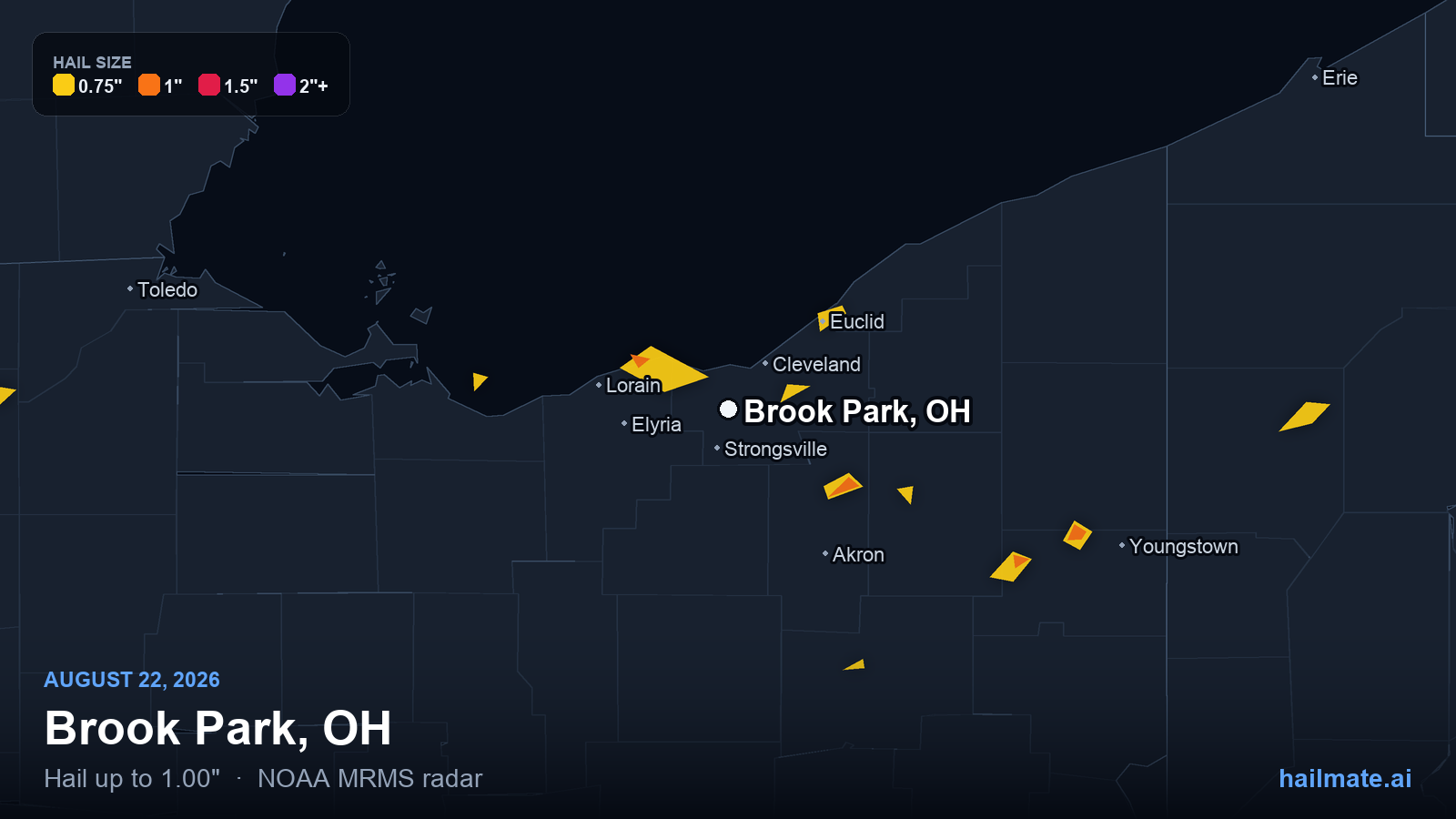 Hail swath map for Brook Park, OH on August 22, 2026 showing 1.00 inch hail.